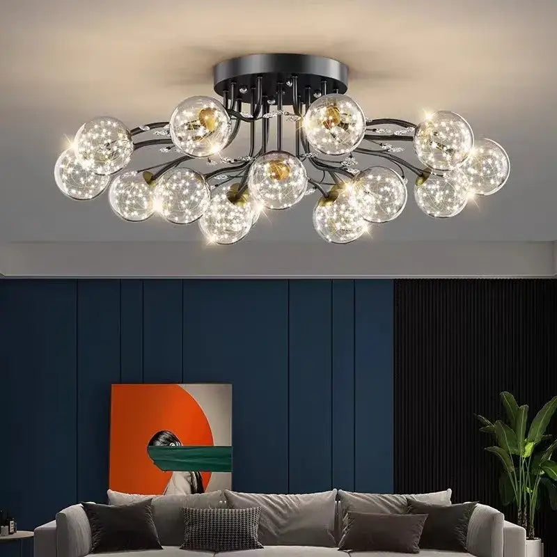 Modern black metal ceiling light with multiple clear glass bubble ball bulbs emitting warm light for living room decorbites glass