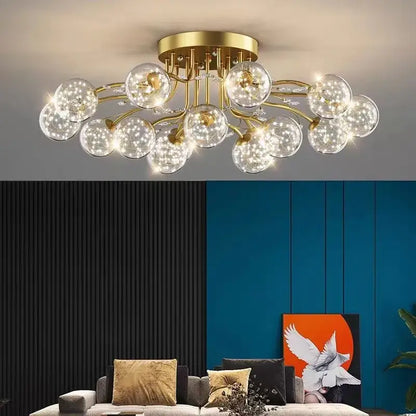 Gold-toned ceiling light with clear glass bubble balls and crystal accents for modern living room decorbites glass bubble design