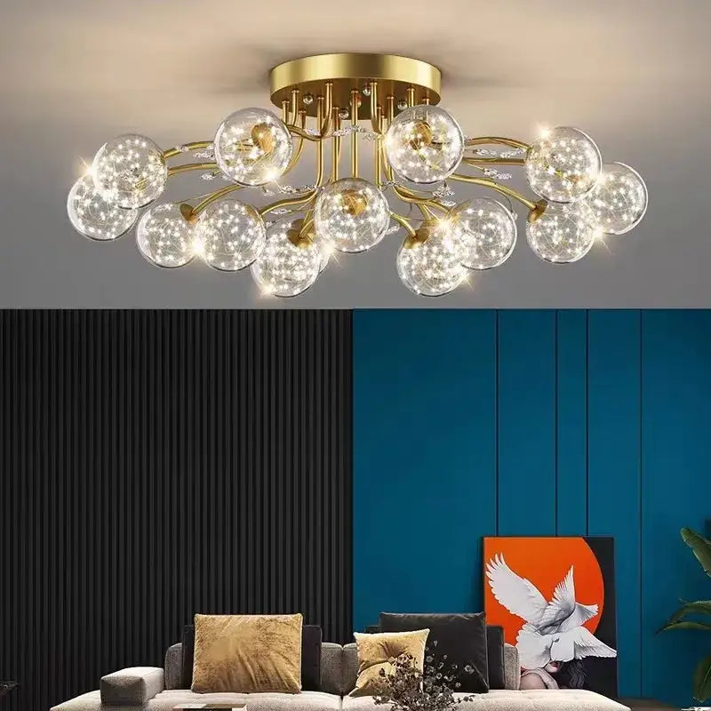 Gold-toned ceiling light with clear glass bubble balls and crystal accents for modern living room decorbites glass bubble design