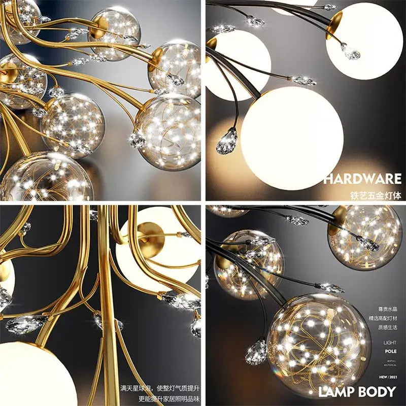 Modern black and gold glass bubble ball ceiling light with gold-toned chandelier and crystal accents for living room decorbites ceiling light