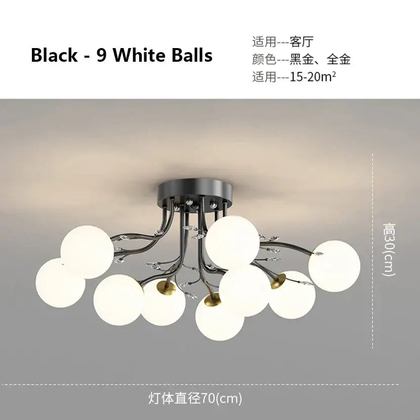 Modern black and gold glass bubble ball ceiling light with black and white spherical pendant and branching metal frame