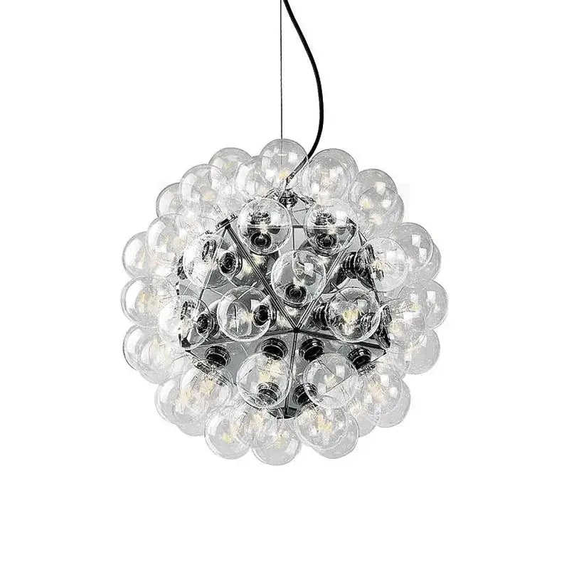 Modern black and gold glass dandelion led chandelier featuring clear glass globe pendant light with chrome frame and black cord