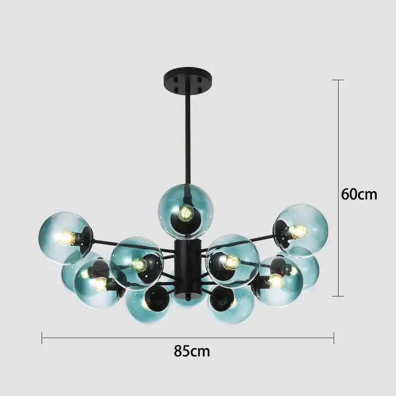 Modern black gold glass pendant light with black metal frame and teal glass spheres for living room decorbites black gold
