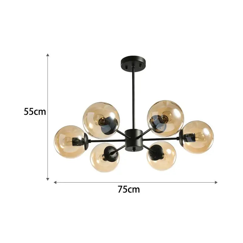 Modern black gold glass pendant light featuring a black metal chandelier with six amber glass globe bulbs for living room decorbites black gold