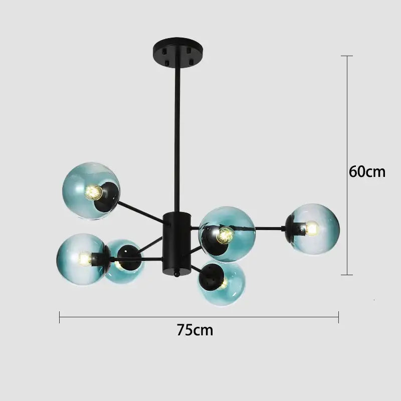 Modern black gold glass pendant light with six translucent teal globes for living room by decorbites black gold