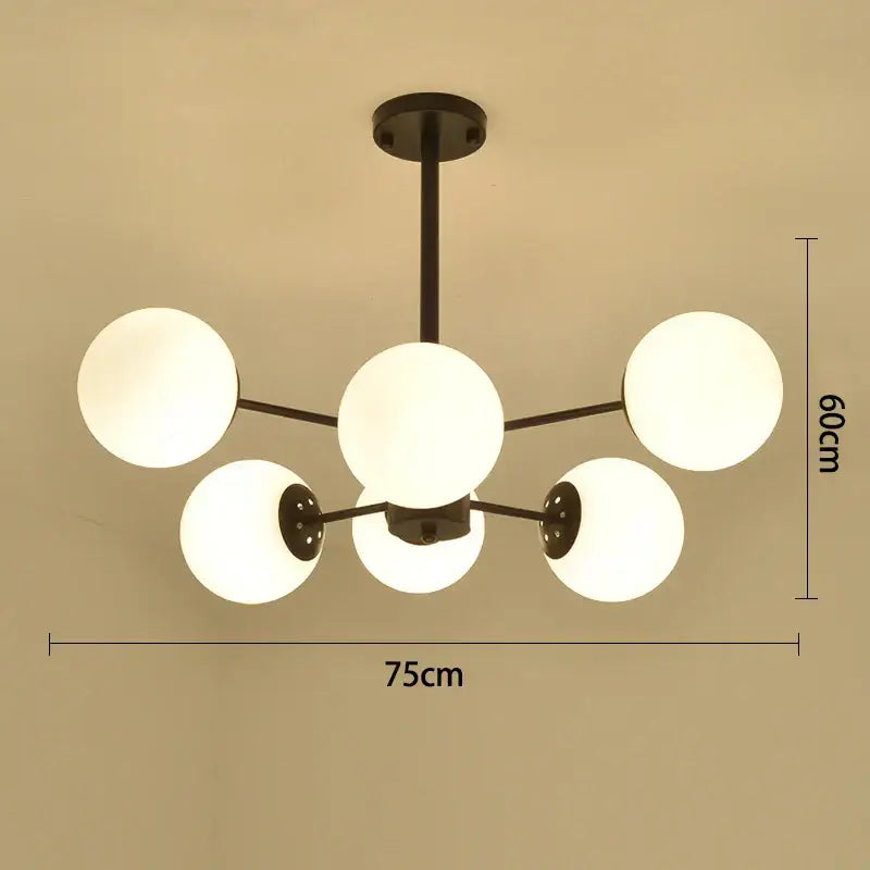 Modern black gold glass pendant light with five frosted white spherical shades for living room decorbites black gold