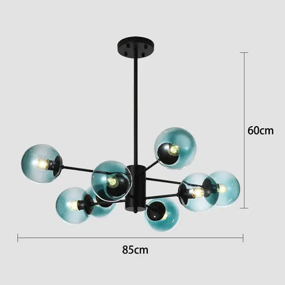 Modern black gold glass pendant light with eight translucent teal spheres and exposed bulbs for living room decorbites black gold