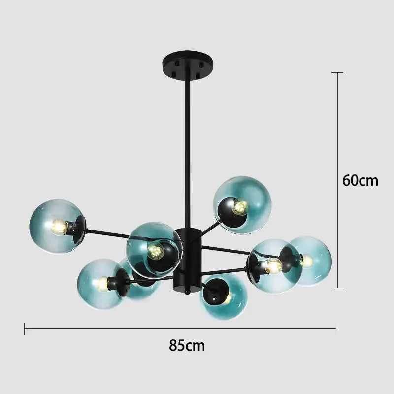 Modern black gold glass pendant light with eight translucent teal spheres and exposed bulbs for living room decorbites black gold