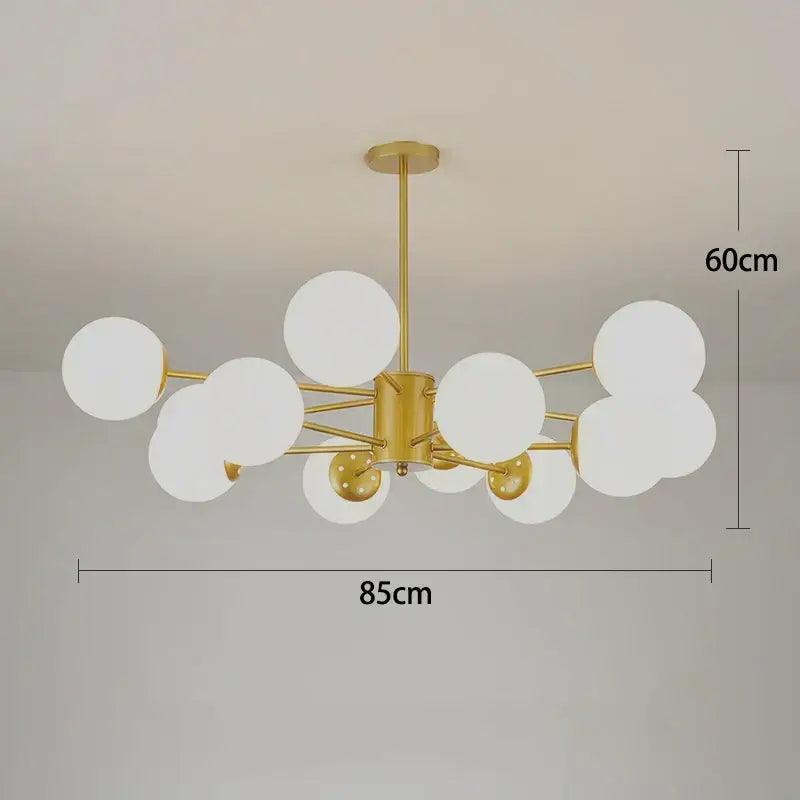 Modern black gold glass pendant light with gold-toned frame and white spherical glass shades for living room decorbites black gold