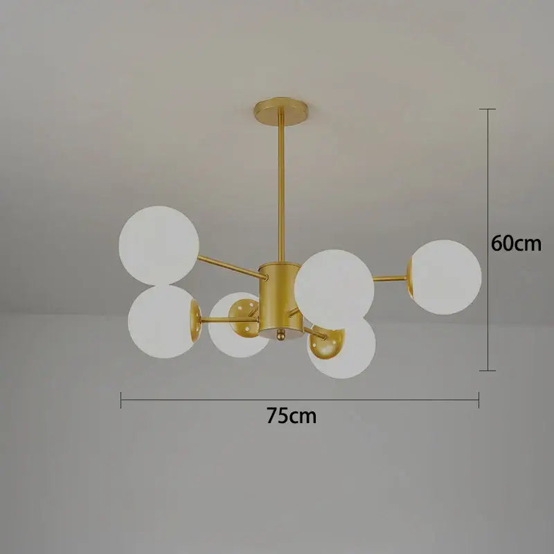 Modern black gold glass pendant light with six frosted glass spheres in a symmetrical branching design by decorbites black gold