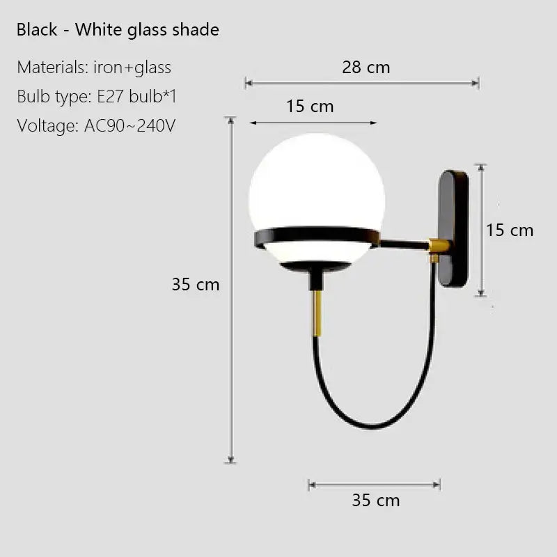 Modern black and gold glass globe wall sconce with iron frame and white glass for elegant wall sconce lamps