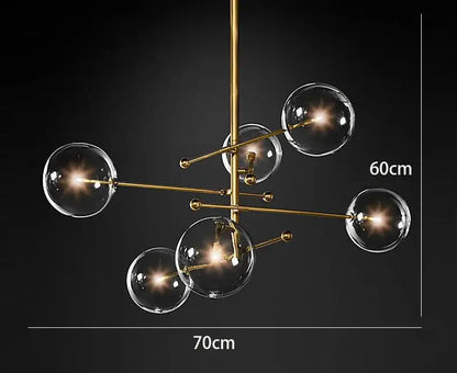Modern black gold glass led chandelier with brass finish and clear glass globe bulbs in geometric decorbites black gold design