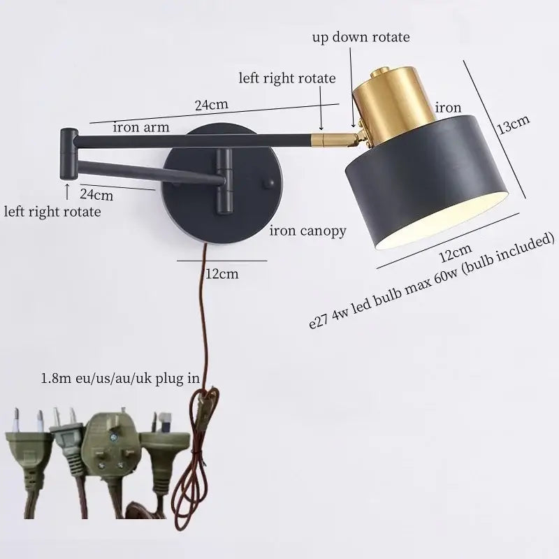 Modern black and gold iron art led wall lamp with adjustable iron arm and canopy for bedroom decorbites wall lamp