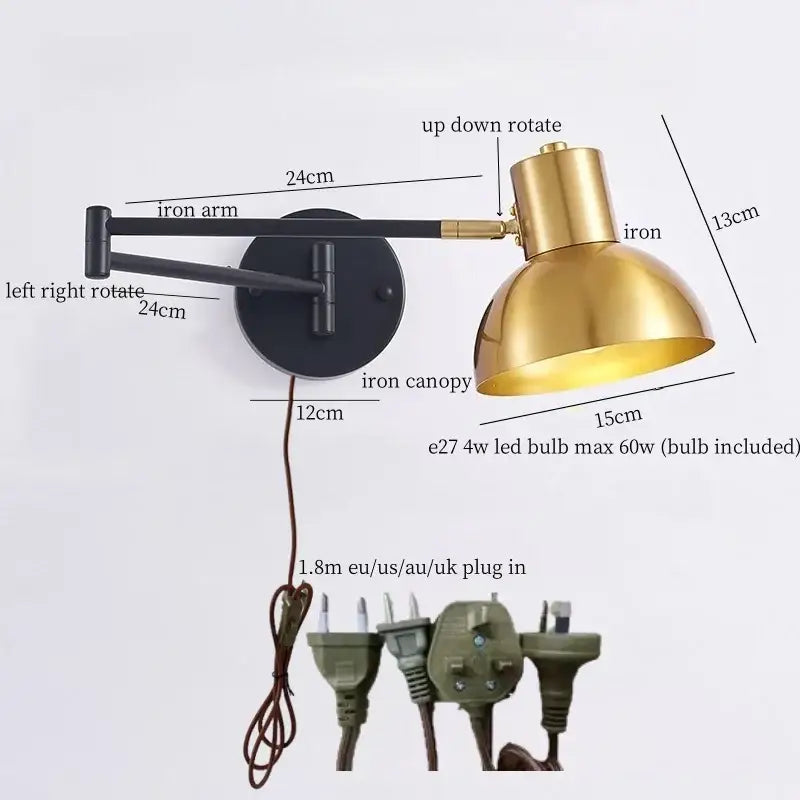 Modern black and gold iron art led wall lamp with adjustable matte iron canopy for bedroom decorbites iron art wall lamp