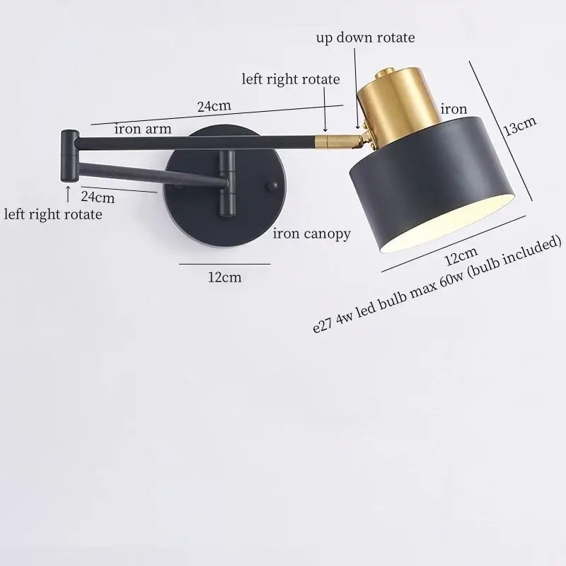 Modern black and gold iron art led wall lamp with adjustable iron construction for bedroom decorbites wall lamp