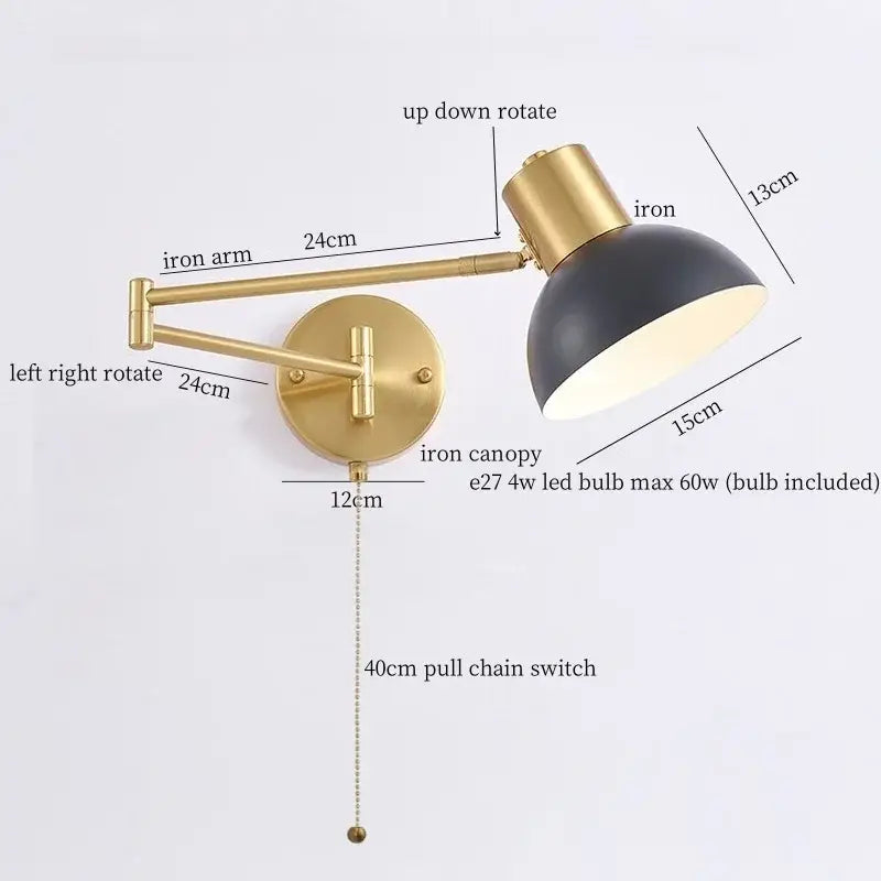 Adjustable wall lamp with brass finish and black matte dome shade featuring decorbites iron art led design and pull chain switch
