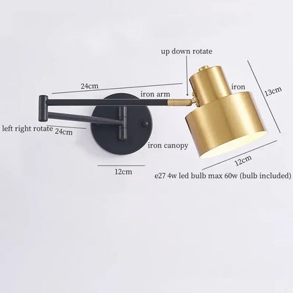Adjustable brass-finished wall lamp with black iron arm and canopy from decorbites iron art led collection for bedroom decor