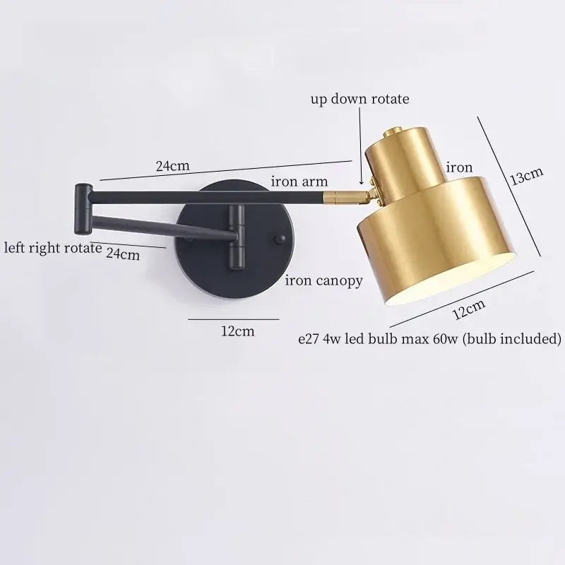 Adjustable brass-finished wall lamp with black iron arm and canopy from decorbites iron art led collection for bedroom decor
