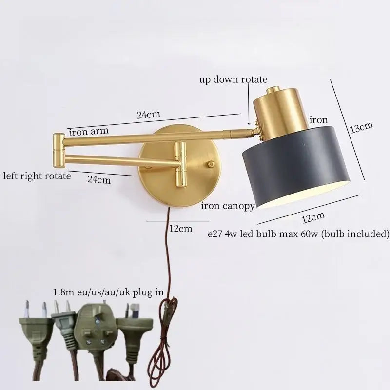 Modern black and gold iron art led wall lamp with adjustable brass iron arm and cylindrical shade for bedroom decorbites iron art