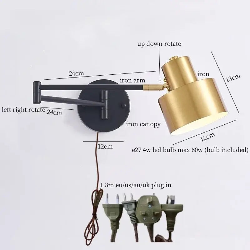 Adjustable brass finished iron art led wall lamp with black circular canopy and extendable arm for bedroom decorbites iron art