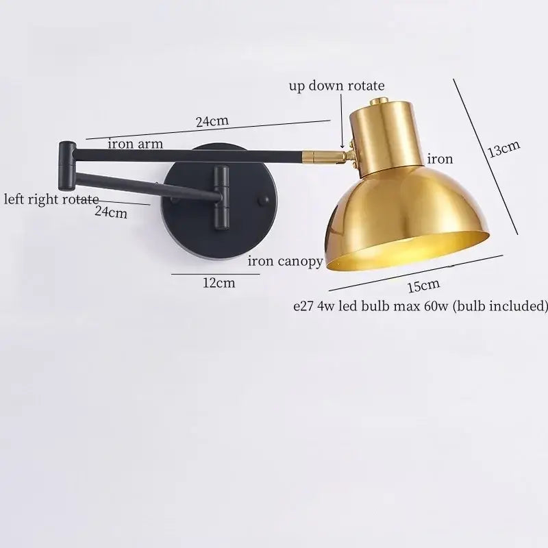 Adjustable brass and black iron wall lamp decorbites iron art led with dome-shaped shade for modern bedroom decor