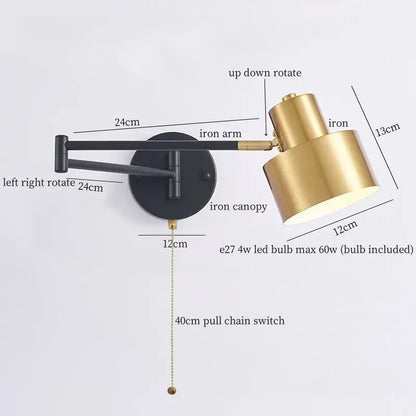 Adjustable brass and black iron art led wall lamp with pull chain switch for modern bedroom decorbites iron art design
