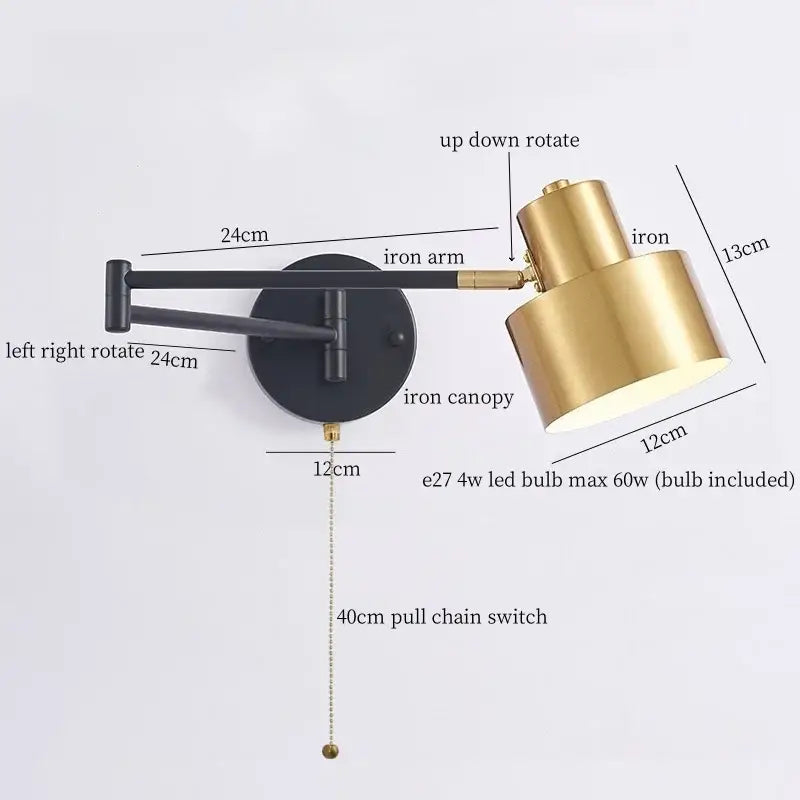 Adjustable brass and black iron art led wall lamp with pull chain switch for modern bedroom decorbites iron art design