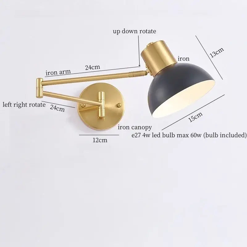 Adjustable brass finished wall lamp with black matte dome shade decorbites iron art led for modern bedroom decor