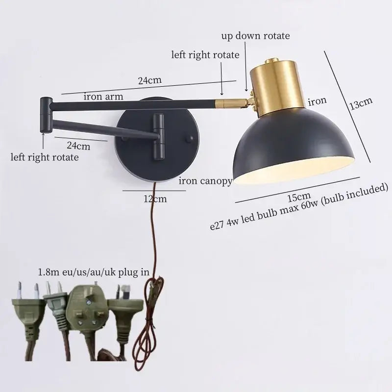 Modern black and gold iron art led wall lamp with adjustable brass arm and iron canopy for bedroom decorbites wall lamp
