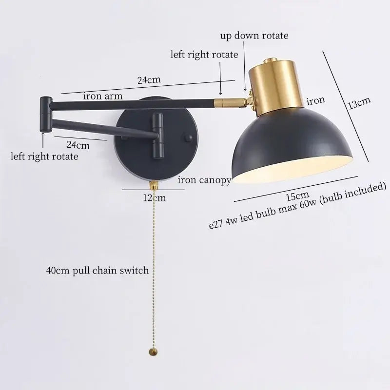 Modern black and gold iron art led wall lamp with adjustable black and brass industrial style arm for bedroom decorbites iron art