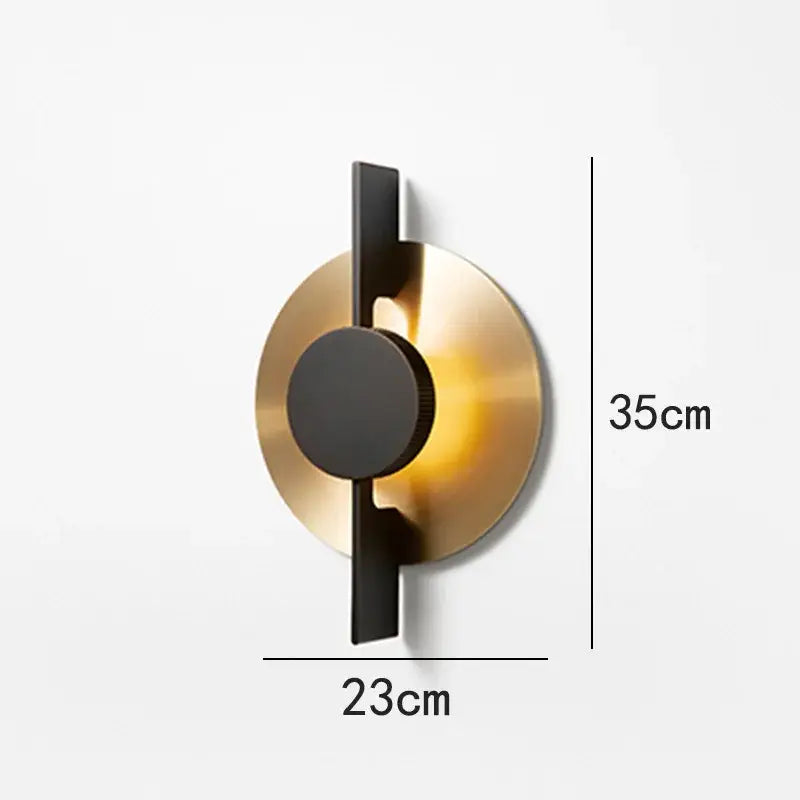 Modern black and gold iron art led wall lamp with circular brass base and black matte accents for dining room decorbites wall lamp