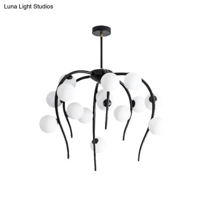 Lámpara de techo moderna de hierro negro y dorado con forma de rama y bolas blancas mate - Lámpara colgante para comedor de 15/20 luces