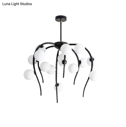 Lámpara de techo moderna de hierro negro y dorado con forma de rama y bolas blancas mate - Lámpara colgante para comedor de 15/20 luces
