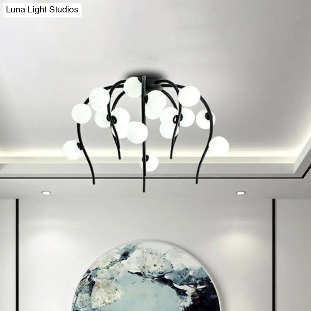 Lámpara de techo moderna de hierro negro y dorado con forma de rama y bolas blancas mate - Lámpara colgante para comedor de 15/20 luces