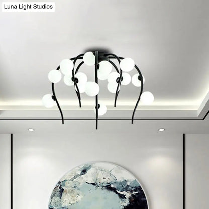 Lámpara de techo moderna de hierro negro y dorado con forma de rama y bolas blancas mate - Lámpara colgante para comedor de 15/20 luces