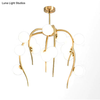 Lámpara de techo moderna de hierro negro y dorado con forma de rama y bolas blancas mate - Lámpara colgante para comedor de 15/20 luces