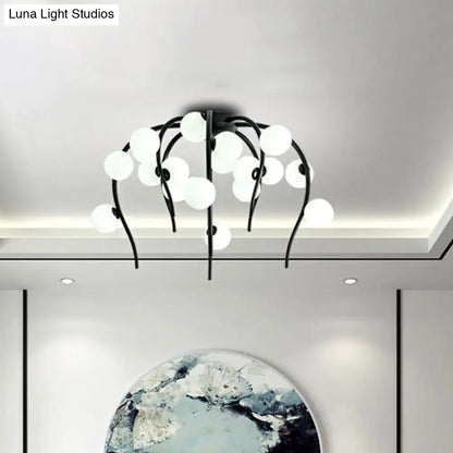 Lámpara de techo moderna de hierro negro y dorado con forma de rama y bolas blancas mate - Lámpara colgante para comedor de 15/20 luces