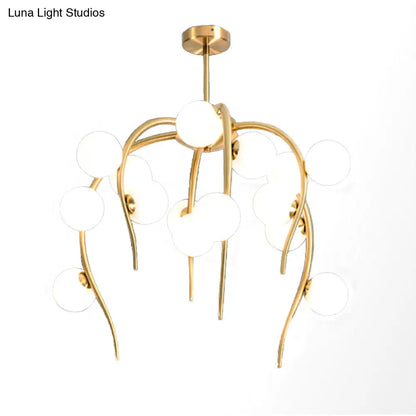 Lámpara de techo moderna de hierro negro y dorado con forma de rama y bolas blancas mate - Lámpara colgante para comedor de 15/20 luces