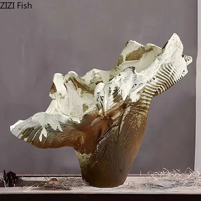 Abstract ceramic irregular shape vase with textured layered surface in earthy brown and white tones for modern decorbites decor