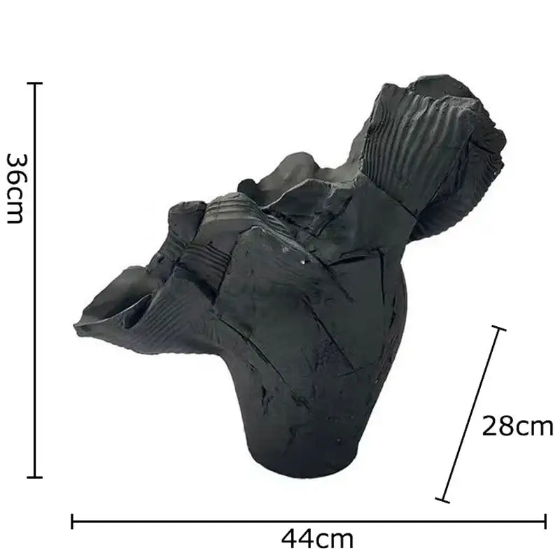 Modern black textured resin sculpture of a stylized human bust with ribbed details for decorbites irregular shape vase decor