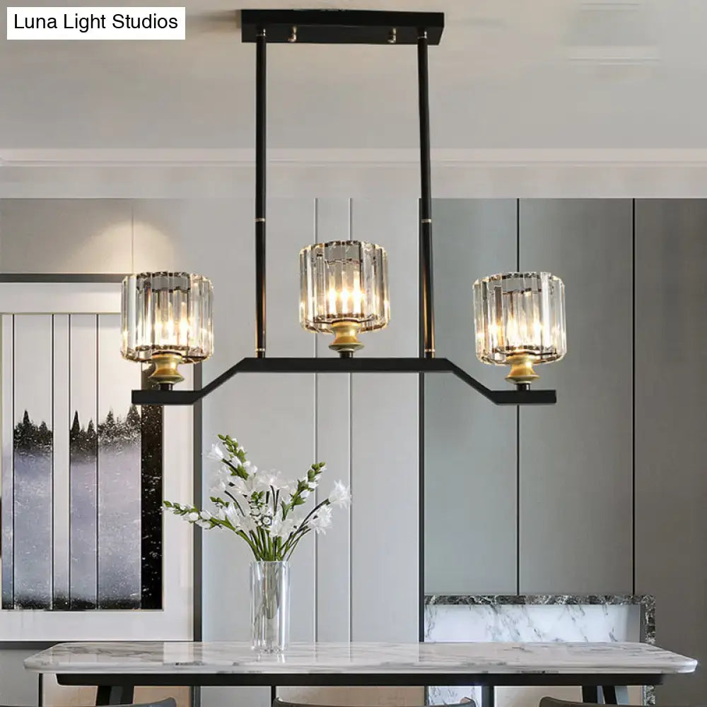 DecorBites™ modern black island pendant light with clear crystal cylinder and gold-toned barrel shade shape accents