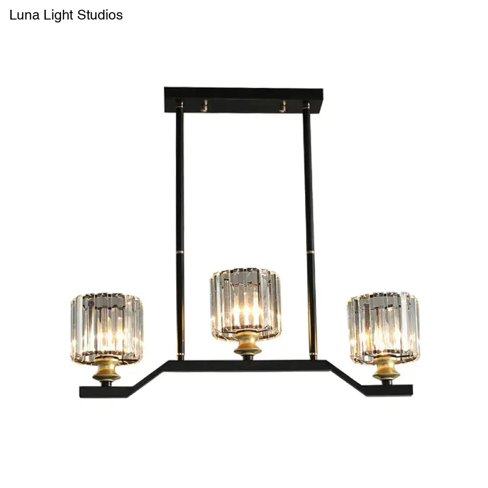 Decorbites modern island pendant light with black metal frame, clear crystal cylinder shades, and gold-toned accents