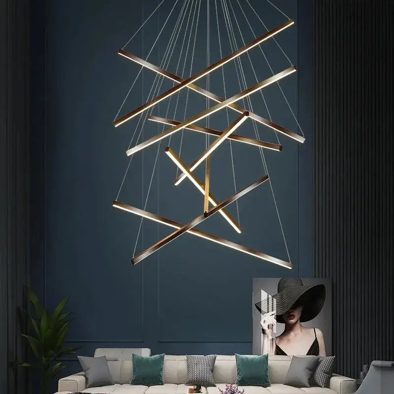 Modern black and gold led black ceiling chandelier with intersecting gold metal bars and integrated led lighting for dining room decorbites led black