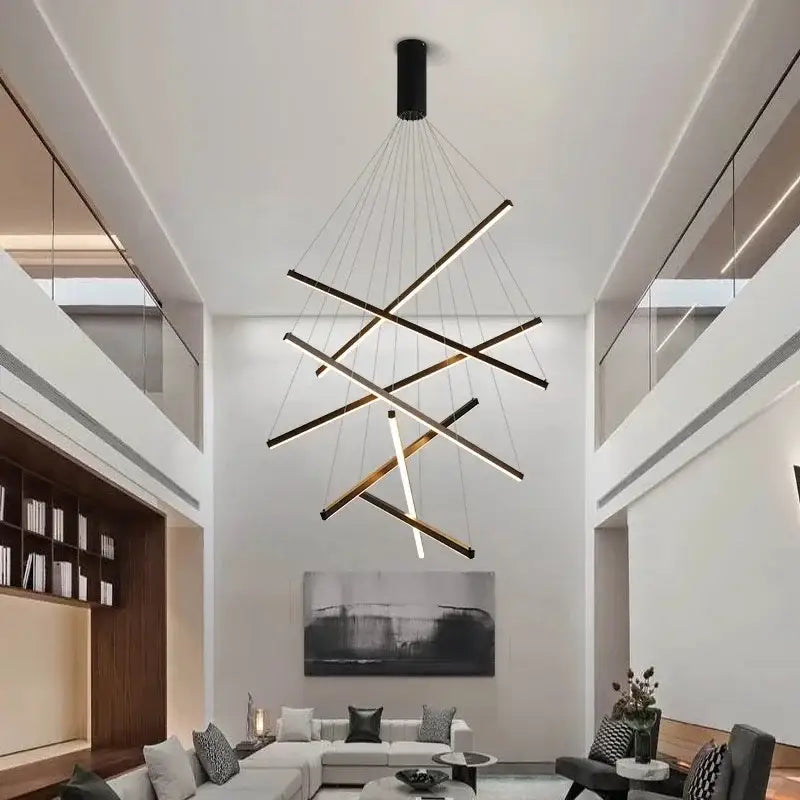 Modern black and gold led black ceiling chandelier with geometric intersecting rods for dining room decorbites led black light