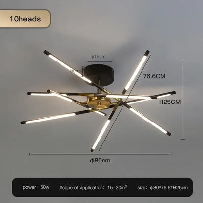 Modern black and gold led ceiling chandelier with ten illuminated gold-toned arms for stylish living room decorbites black led