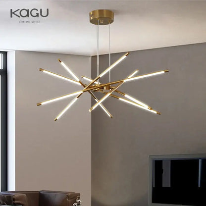 Modern black and gold led ceiling chandelier with intersecting gold-toned light bars for living room decorbites black led