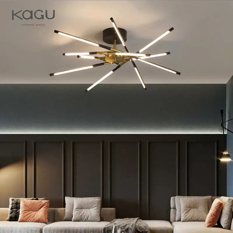 Modern black and gold led ceiling chandelier with multiple white led rods radiating outward for decorbites black led lighting