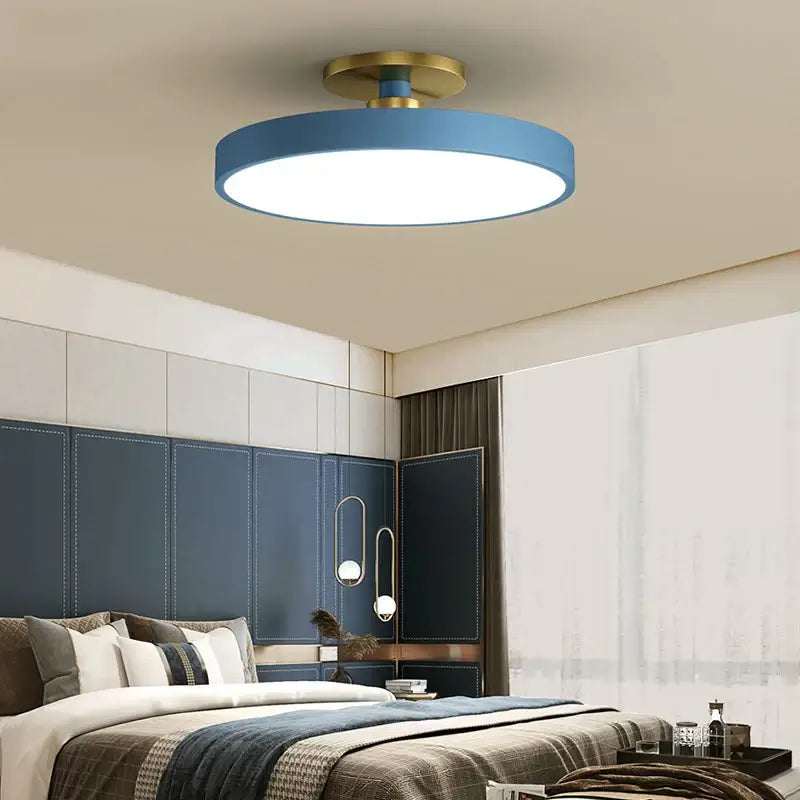 Modern black and gold led ceiling lamp with blue circular light and brass finished mounting base for living room decorbites ceiling lamp