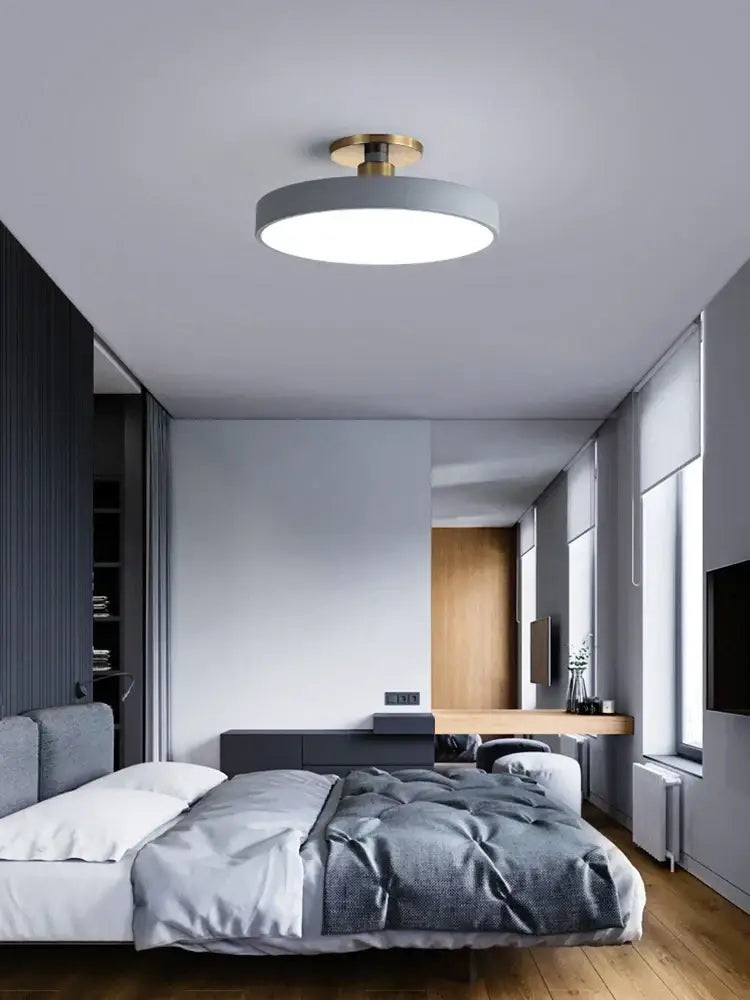 Modern black and gold led ceiling lamp with matte gray circular shade and polished brass fixture for living room decorbites led ceiling