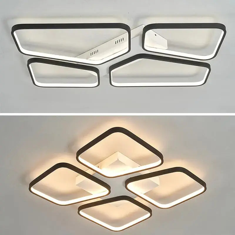 Modern black and gold decorbites black led chandelier ceiling light with rectangular and diamond panels for living room decor